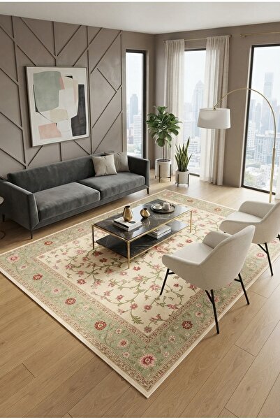 Has 1950 Pembe Çiçek Desenli Krem Dijital Baskı Salon ve Oturma Odası Halısı