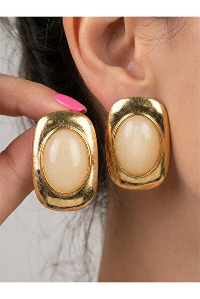 Pelin Aksesuar Cream Stone Gold Framed Large Oval Earrings