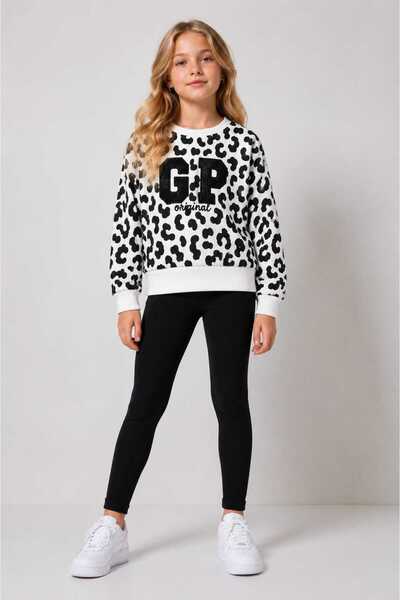 siyah leopar desenli taytlı swetshirt 2li takım