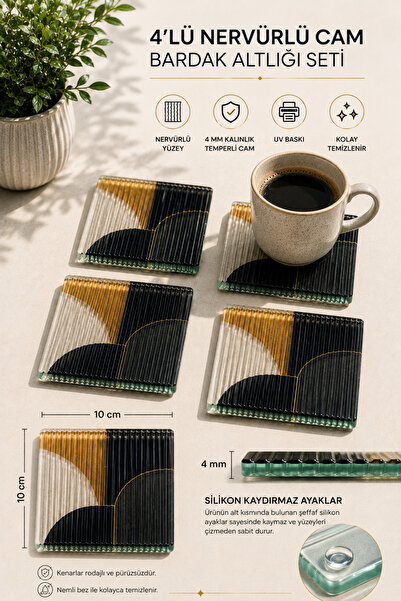 Decorita Glass Coaster |   Ribbed Glass |   Golden Geometry |   4-Piece Set |...