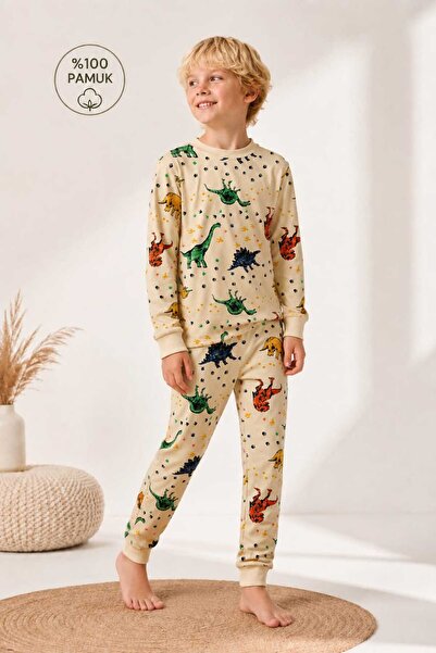 ROSAMİNA Bej Dinazor Desenli %100 Pamuklu Çocuk Pijama Takımı