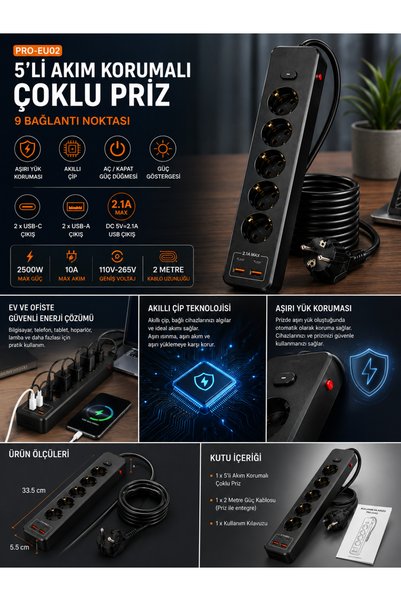 Aırstorr PRO-EU02 5’li Akım Korumalı Çoklu Priz – 2 USB-C + 2 USB-A | 2500W Max 10A | 2 mt