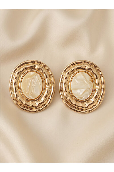 Pelin Aksesuar Cream Gold Framed Large Oval Earrings
