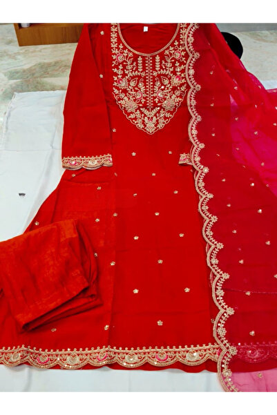 MYSMAR Rust Orange Roman Silk Anarkali Suit with Organza Dupatta - HRT7752-Si...