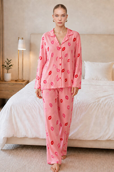 FİT WOMEN Women's Lip Patterned Pink Pajama Set 4677
