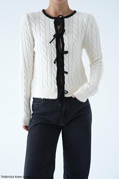 Lupies Women's Cream Bow Tie Hair Braid Long Sleeve Knitwear Cardigan