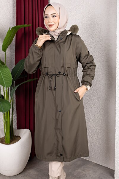 Rabia Zülal Detachable Hooded Fur and Welsoft Lined Hijab Coat 110cm - Khaki