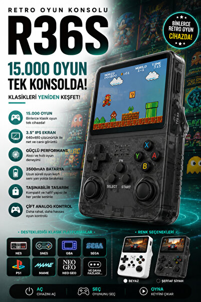 Happy Owl R36S Retro Oyun Konsolu 15.000 Oyun 3.5 İnç IPS Ekran 3500 mAh Taşı...