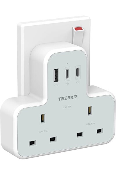 TESSAN Plug Adapter with 3 USB Ports, 2 Way MultiPlug Extension