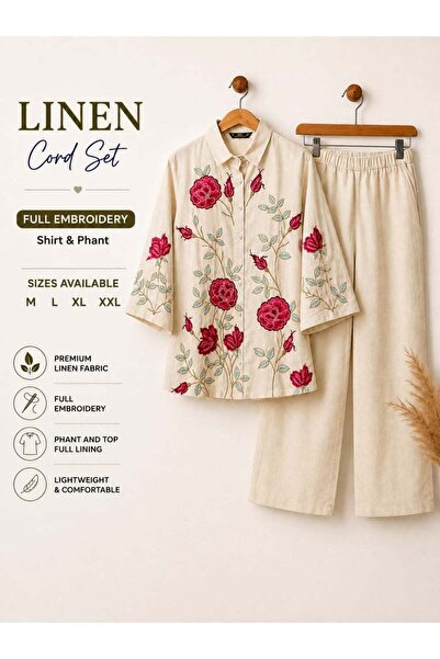 Generic Women's Pure Linen Cord Set with Floral Embroidery - Off White