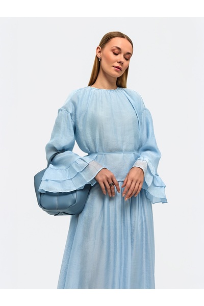 Moda Aydın Butik طقم تنورة مزدوجة بأكمام فولان للسيدات M41675 - أزرق