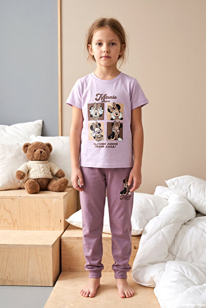 REMSA Girl's Short Sleeve Printed Combed Cotton Pajama Set 3007 Lilac