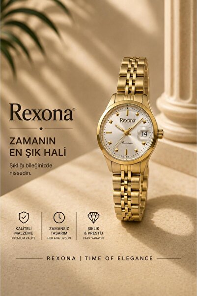 Rexona Kadın Kol Saati 25 mm Çelik Kordon Gold Renk Beyaz Kadran Tarih Göster...