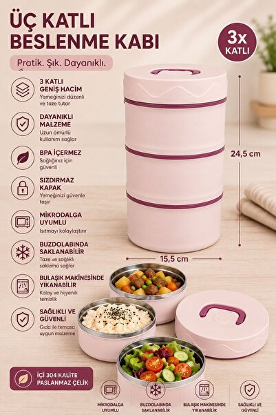 HAZARPAZAR 3 Katlı Beslenme Kabı Taşınabilir Lunch Box BPA İçermez Sızdırmaz ...