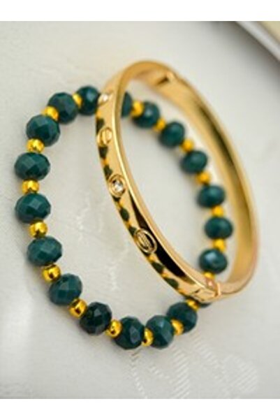 Stoneage Czech Crystal Double Bracelet Set - Gold Color -