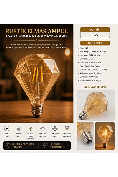 efesays 6W E27 Rustik Elmas LED Ampul Bal Cam 2700K Sıcak Işık 540 Lümen Deko...