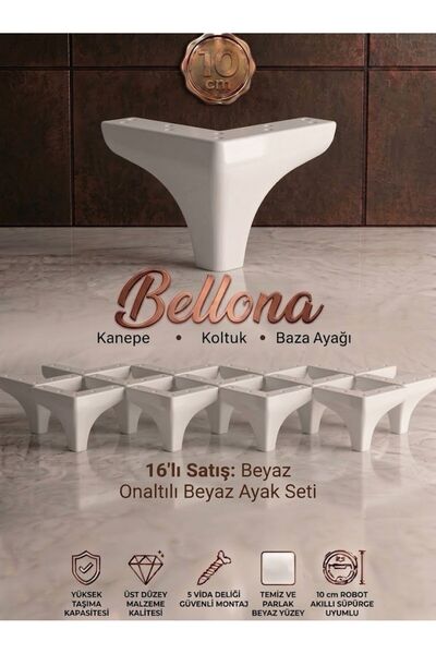 Bellona Uyumlu 10 cm Mobilya, Kanepe ve Baza Ayağı - Beyaz 16'lı Mega Avantaj...