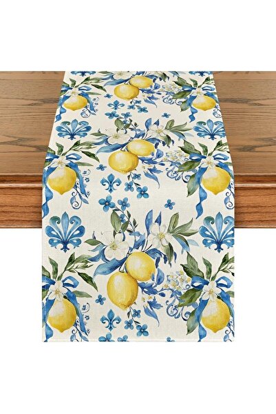 Tazweeq Lemon Table Runner, Farmhouse Rustic, Blue Tile Design, Lemons Table ...
