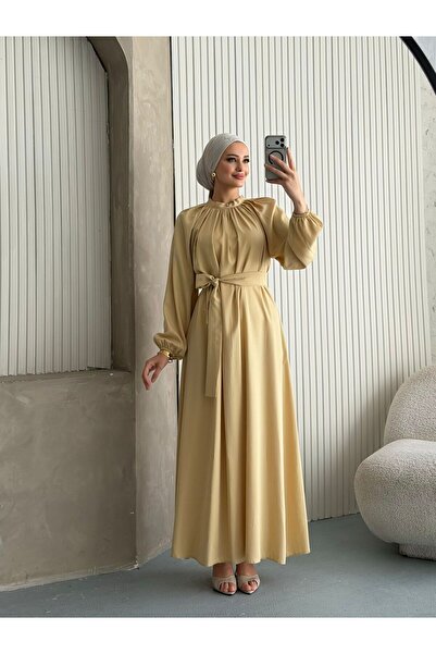 hefa moda TENCEL KUMAŞ TESETTÜR SALAŞ RAHAT BÜZGÜLÜ REGLAN KOL ELBİSE