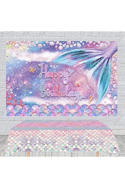 TERRIFI Mermaid Birthday Backdrop 70.8 x 43.3 Inches with Tablecloth 274x137c...