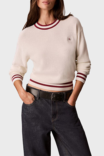 Calvin Klein Pamuklu Çizgi Detaylı Bisiklet Yaka Kazak LV047H303GYAS Kadın KA...