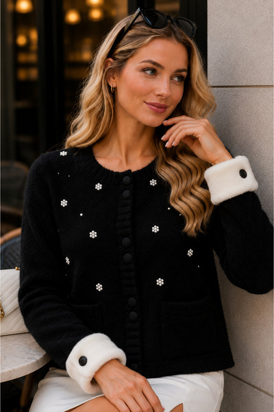 BUTİK TUANA Women's Floral Appliqué Knitwear Cardigan with Fur Cuffs and Fron...