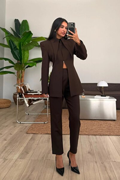 FMN Butik uzun dik fular yaka klips kapama tasarım muadil tok kumaş blazer ce...