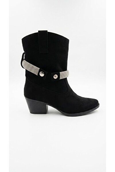 L&L Thick Heeled Black Suede Women's Boots with Stone Detail