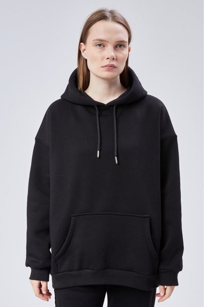 soBasic Unisex Okula Uygun Oversize Siyah Kapüşonlu Sweatshirt 3 İplik Şardonlu Kanguru Cepli Günlük Spor Üst Giyim