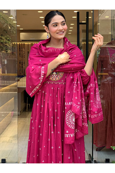MYSMAR Pink Viscose Cotton Embroidered Salwar Kameez Dupatta - ALV2059 | Pink...