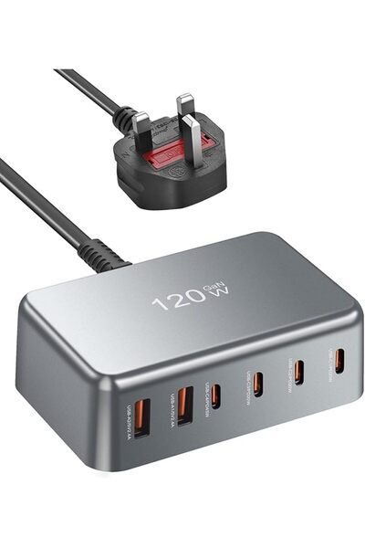 infino ®   محطة شحن سريع USB-C بقوة 120 واط - شاحن حائط GaN بـ 6 منافذ (4 منا...