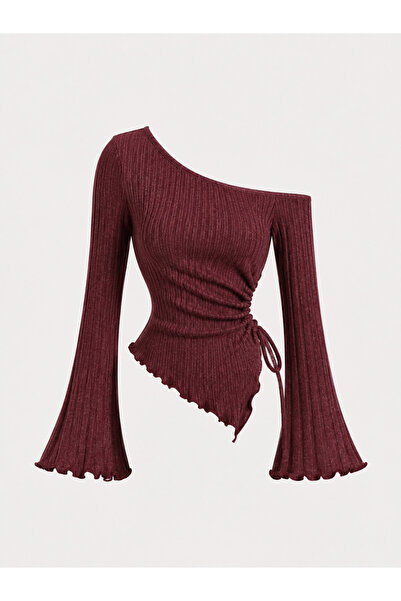 Wildco Dark Burgundy Shoulder Ribbed Knitwear Blouse, Side Gathered Spanish S...