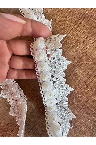 Gönülden Tasarım 100X4 cm Pearl Beaded Lace White Ribbon Sewing Accessory