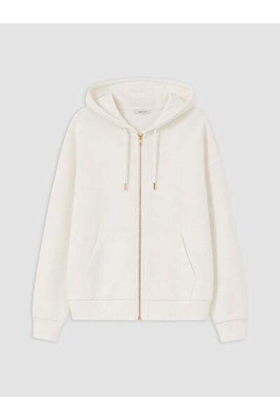 LC Waikiki Peak New Season Ecru Hooded Oversize Women's Zippered Sweatshirt