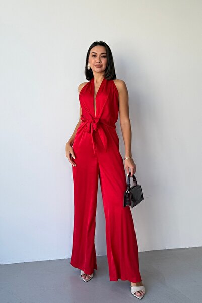 Serica Moda Κόκκινη ολόσωμη φόρμα από σατέν με σχέδια και δέσιμο μπροστά
