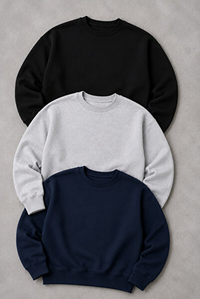 Revasser Unisex Kadın/Erkek 3'lü Özel Renkli Pamuklu Oversize Bisiklet Yaka S...
