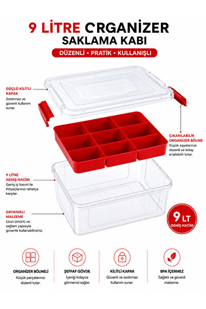 DrBambu 9 Litre Bölmeli Organizer Saklama Kabı – Kilitli Kapaklı Çok Amaçlı D...