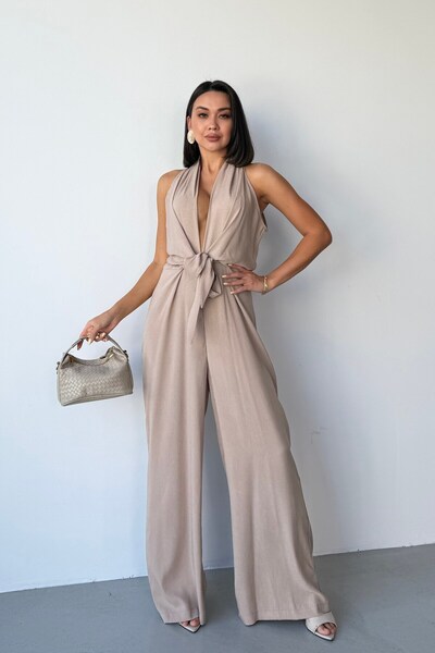 Serica Moda Taş Önü Bağlamalı Desenli Saten Tulum
