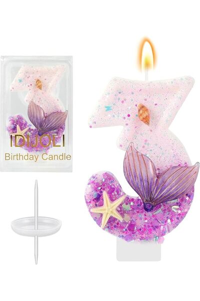 THE WHITE SHOP Purple Birthday Number Candles Mermaid Birthday Cake Topper Cu...