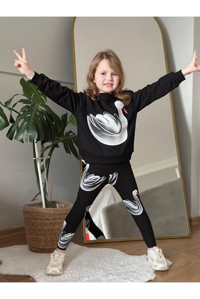 CoolCix Black Swetshirt with Swan Pattern Leggings 2-Piece Set