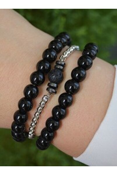 Stoneage Hematite Lava Stone and Onyx Stone Bracelet Set - Multi-Colored