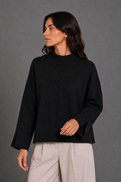 Vadon 1043 Women's High Neck Sweater with Sleeve Slits and Detailing in Black