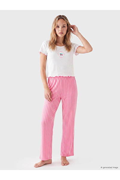 LC Waikiki Rmz Gi̇yi̇m Farkiyla Zero Roba Collar Printed Women's Pajama Set