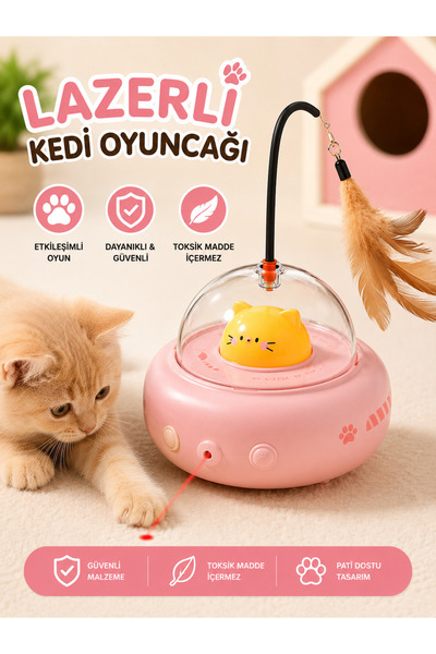 HAYHAYPETSHOP Lazerli Ufo Model Kedi Oyuncağı Tüylü Püsküllü İnteraktif Harek...