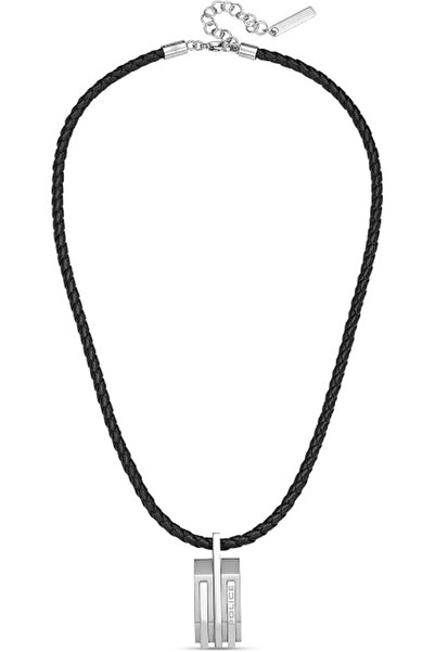 Police Gripcord Black Leather Stainless Steel Pendant Gents Necklace