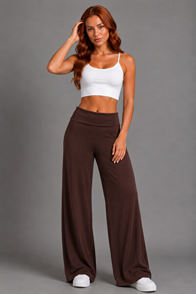 Sortie Folded Waist Wide Leg Draped Trousers Brown