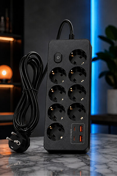 MEGAMUS PRO-EU03 8’li Akım Korumalı Çoklu Priz – 2 USB-C + 2 USB-A | 2500W 10...
