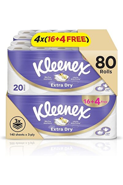 Kleenex لفة ورق تواليت إكسترا دراي ثلاثية الطبقات، عبوة تحتوي على 80 × 140 ورقة