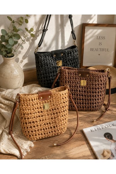 satürn hobi örgü tasarım Wicker Bag with Knitted Leather Detail