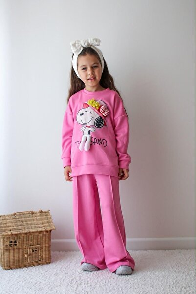 Kız Çocuk Pembe Figür Baskılı Eşofman Takımı Sweatshirt Bol Paça Alt Eşofman 2'li Takım